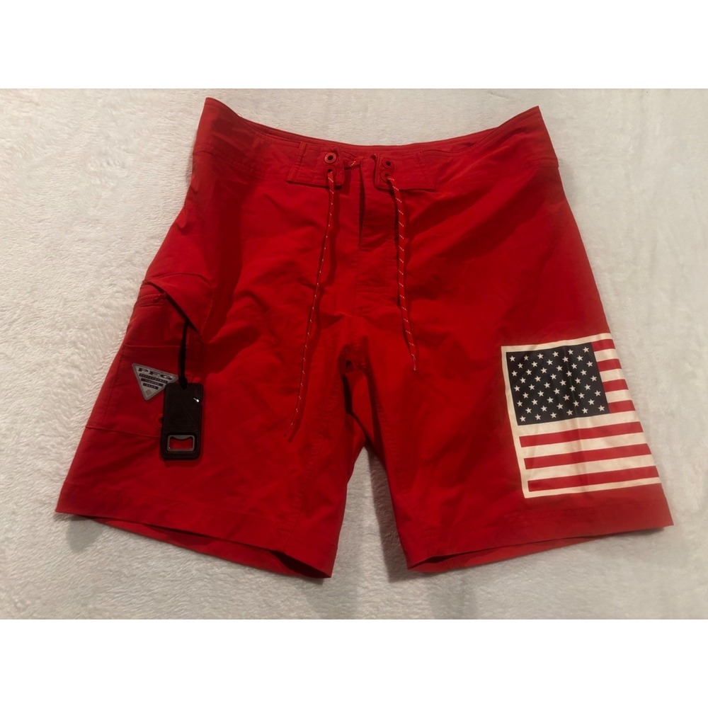 Columbia PFG Fish Series USA Flag Board Shorts Mens 34 Red Bottle Opener Swim